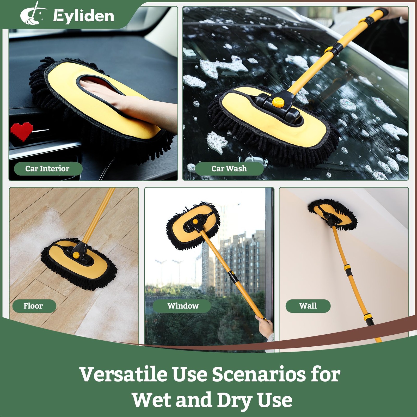 Eyliden Car Wash Brush Mop with Long Handle, 180° Swivel Head Yellow & Black