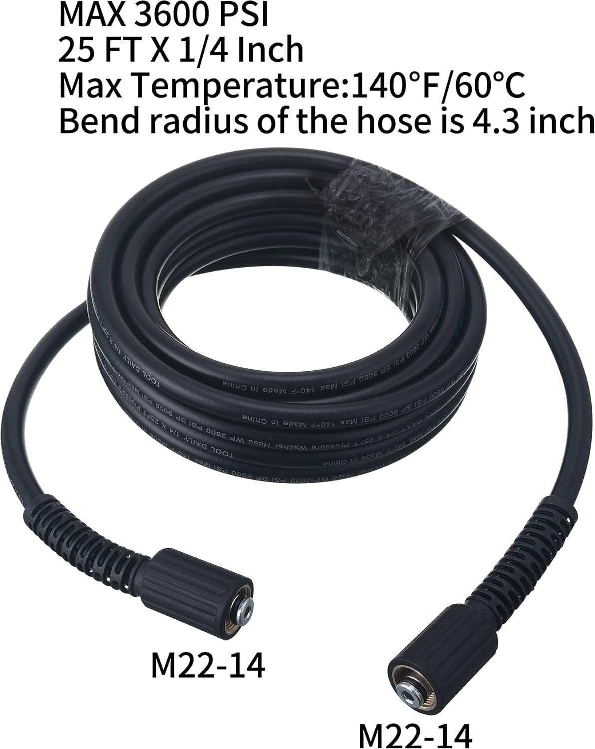 Durable 25 FT High Pressure Washer Hose, 3600 PSI M22 Thread, PVC Construction