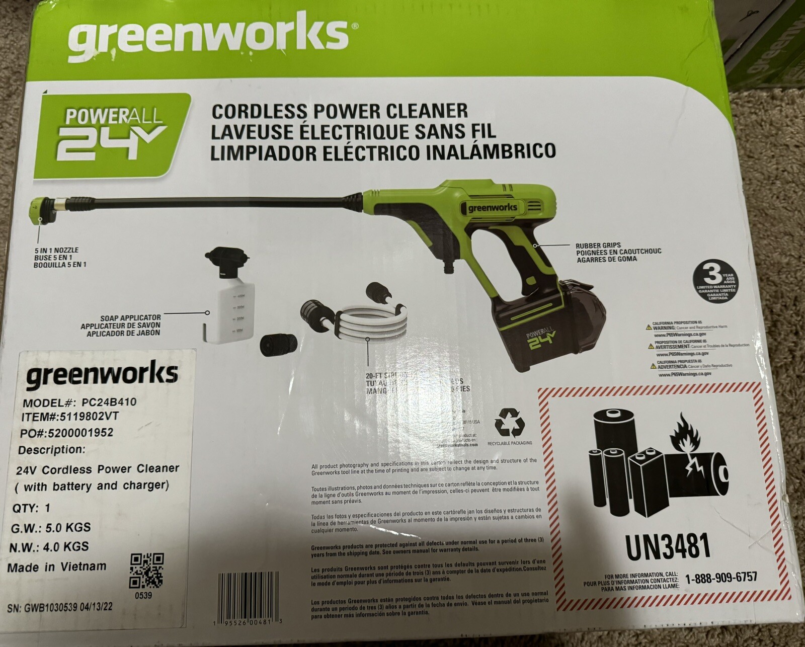 Greenworks 24V 600 PSI Battery Pressure Washer, w/ 4Ah USB Battery and Charger
