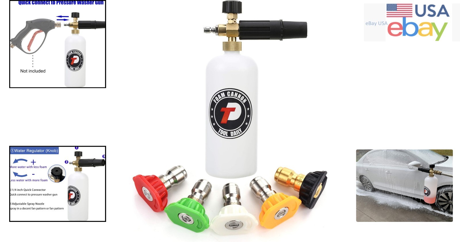 Foam Cannon with 1 Liter Capacity and 5 Pressure Washer Nozzle Tips Included