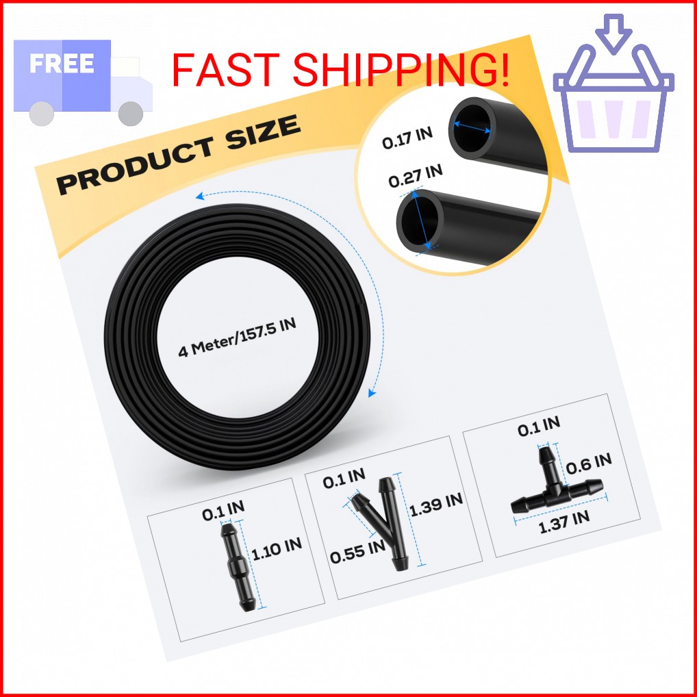 Windshield Washer Hose Kit, 4M Flexible Durable Rubber Washer Fluid Tubing & 30