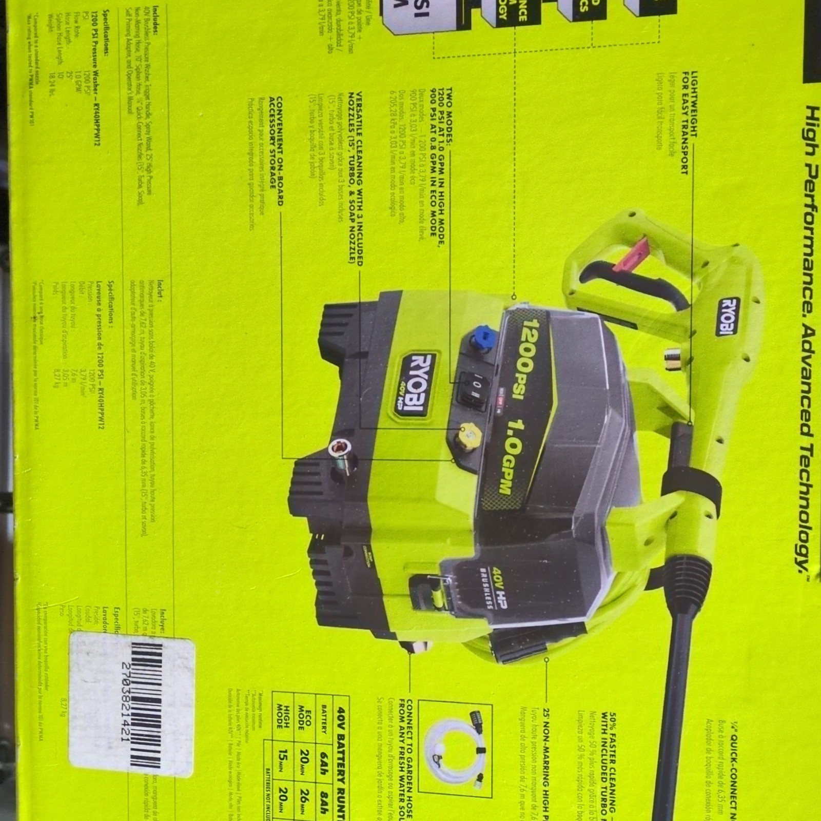 RYOBI 40V Brushless Cold Water Pressure Washer 1200 PSI RY40HPPW12B