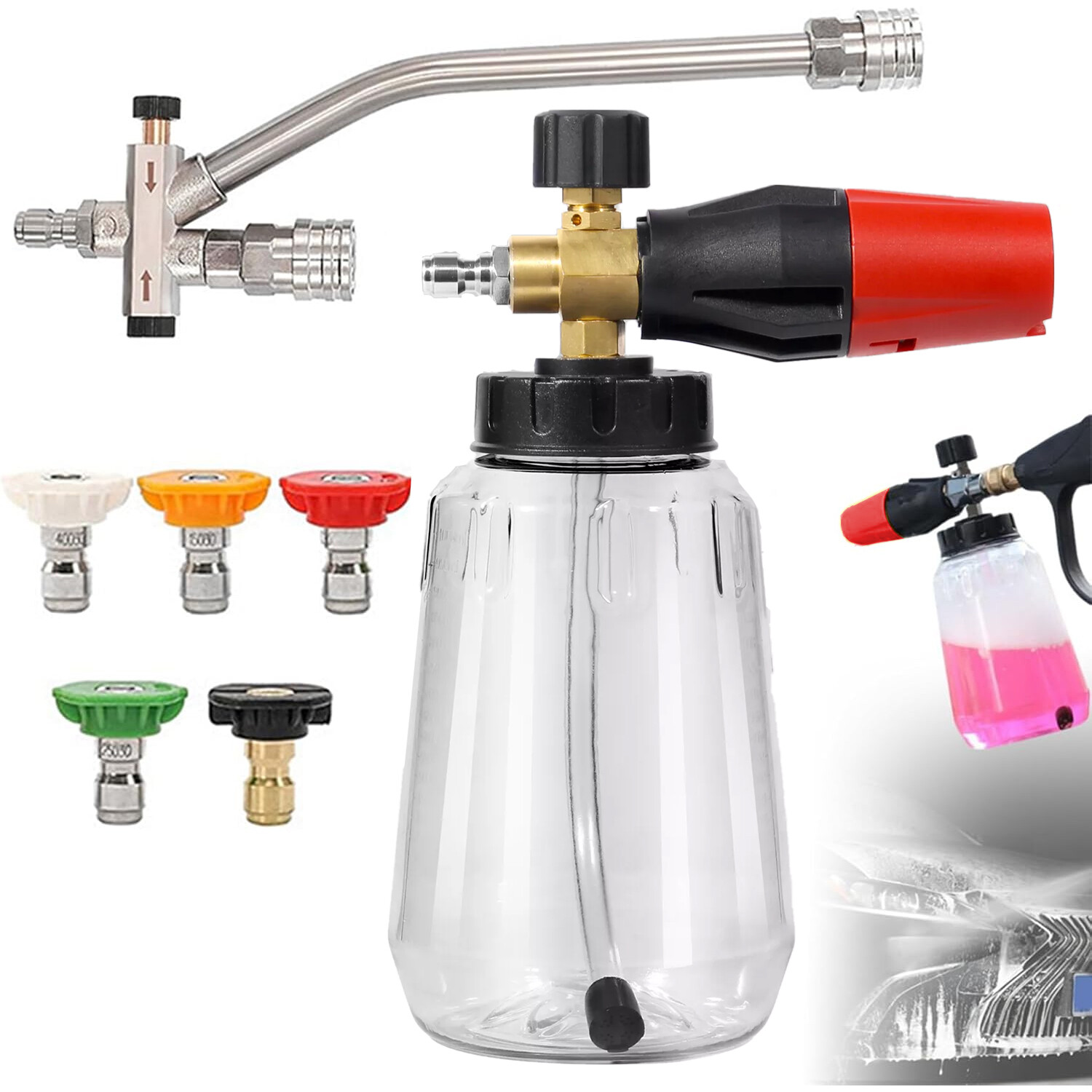 1/4” Pressure Washer Foam Cannon with Dual-Connector Double Tip Attachment NEW