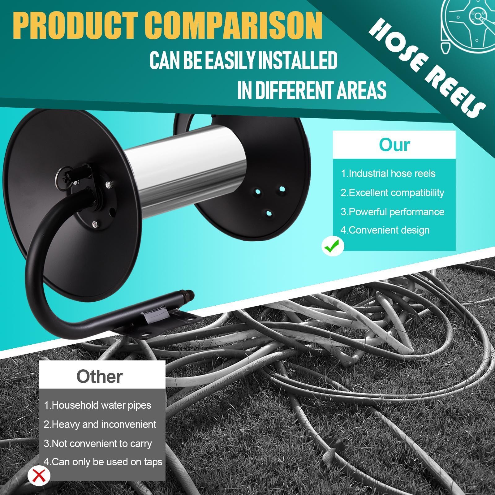 High Pressure Washer Hose Reel 100ft, Heavy Duty Steel Hose Reel, Manual Crank