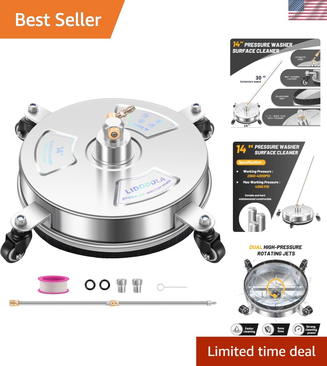 Lightweight 14″ Pressure Washer Surface Cleaner with Quick-Connect Wand Design