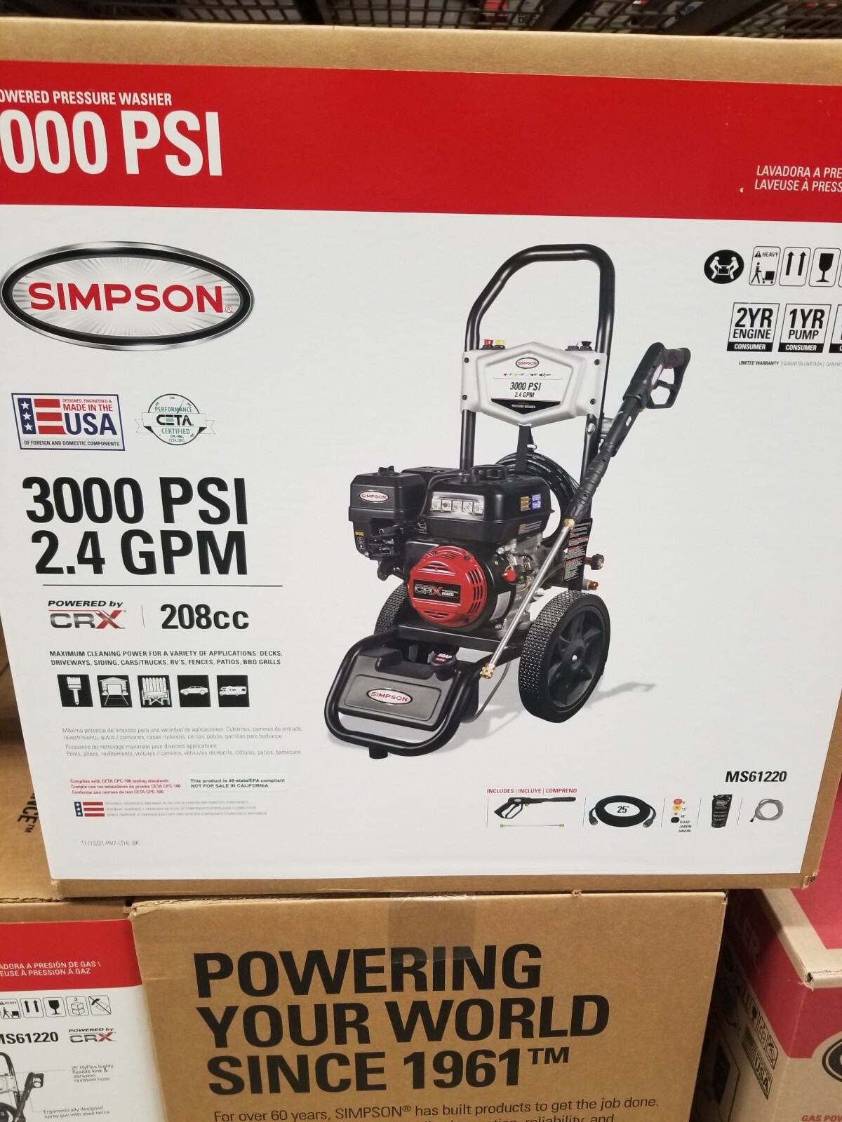 Simpson Megashot MS61220 49-State 3000 PSI 2.4 GPM CRX 208cc Gas Pressure Washer