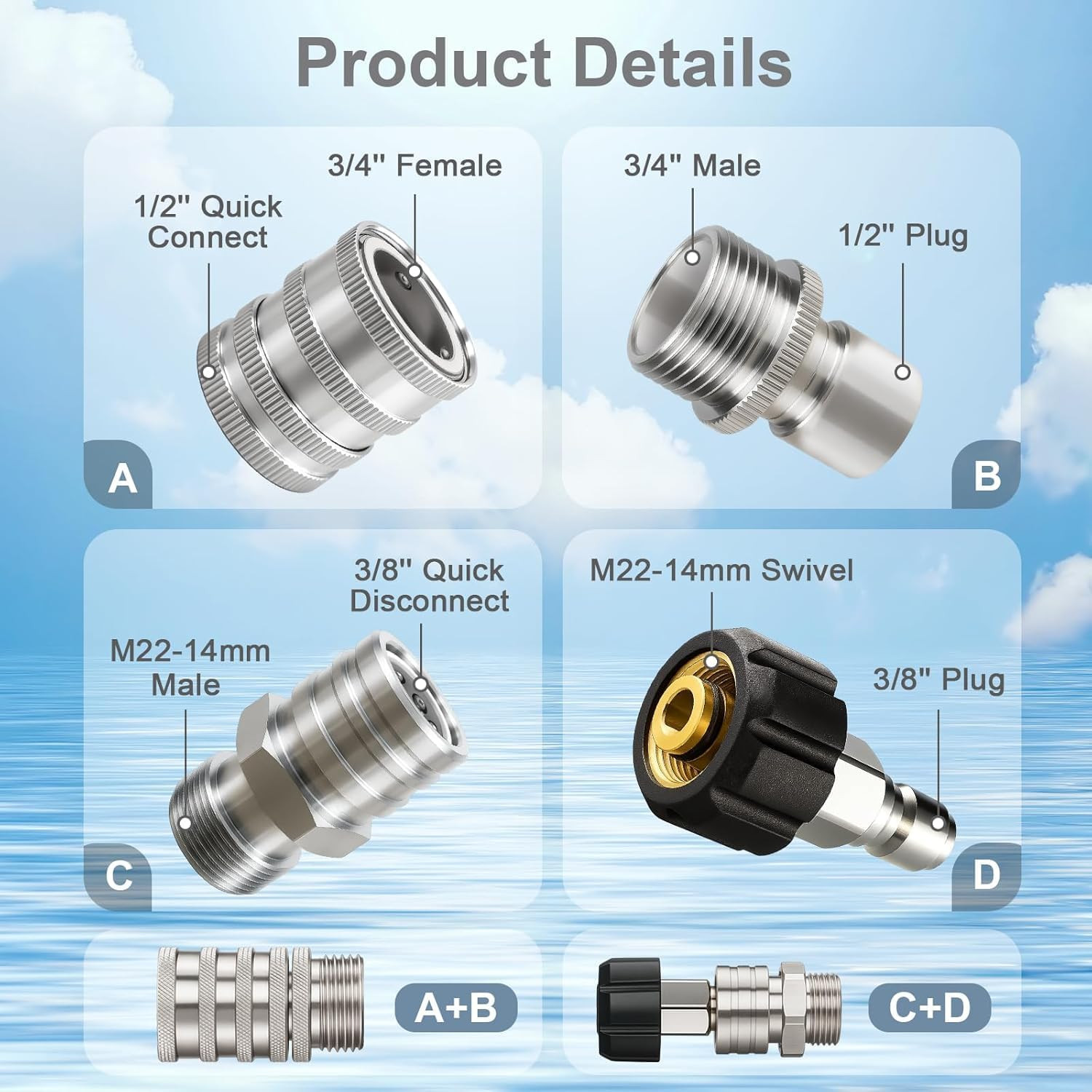 8Pcs Pressure Washer Quick Connect Kit, M22 to 3/8 Quick Disconnect, 3/4” to Qu