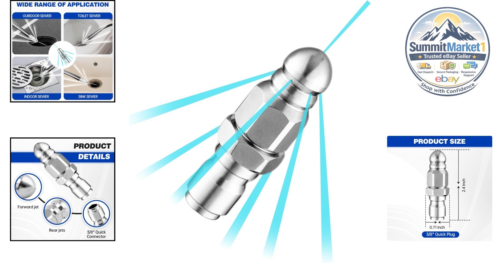 Pressure Washer Nozzle, 3/8″ Quick Connect, Stainless Steel, 5000 PSI
