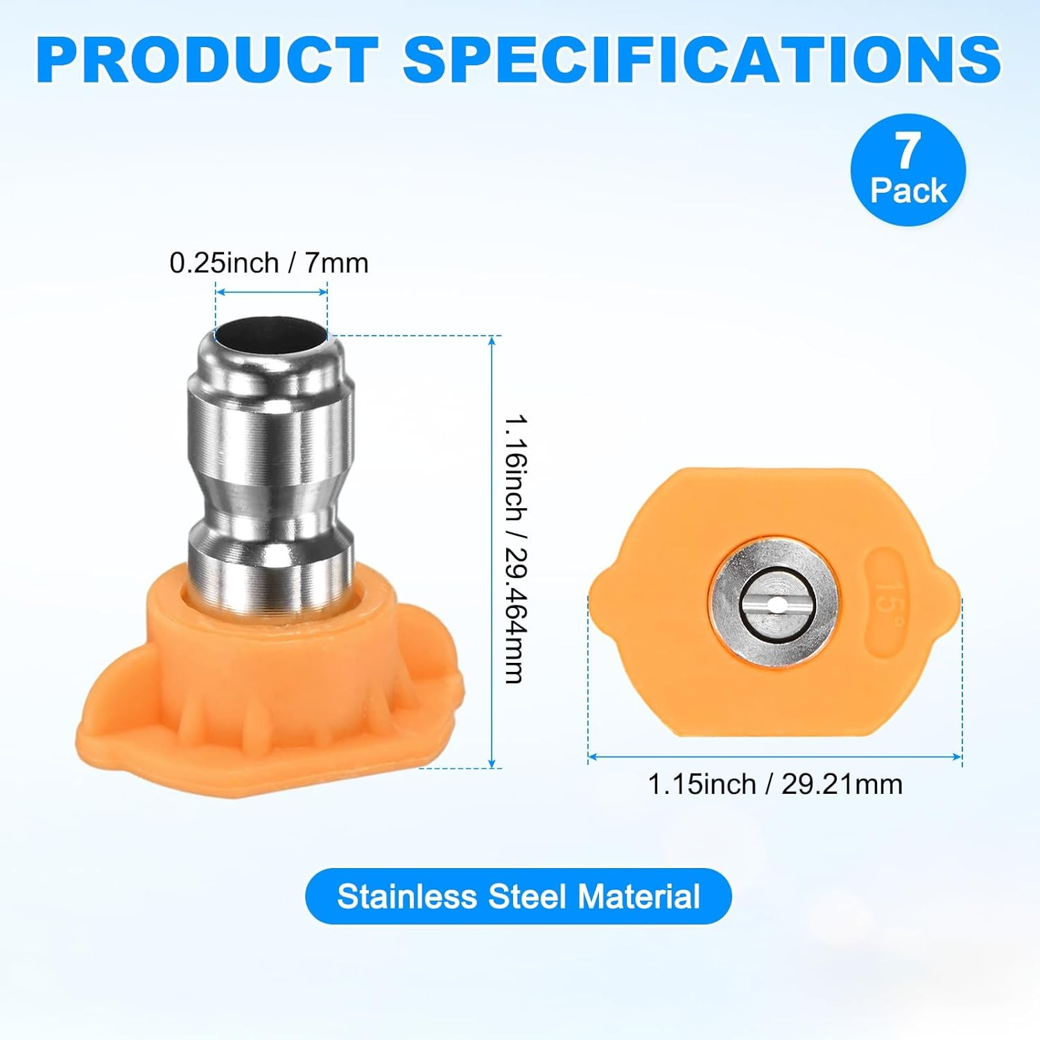 7PCS Pressure Washer Spray Nozzle Tips, 1/4 Inch Quick Connect, 4000PSI 15 Degre