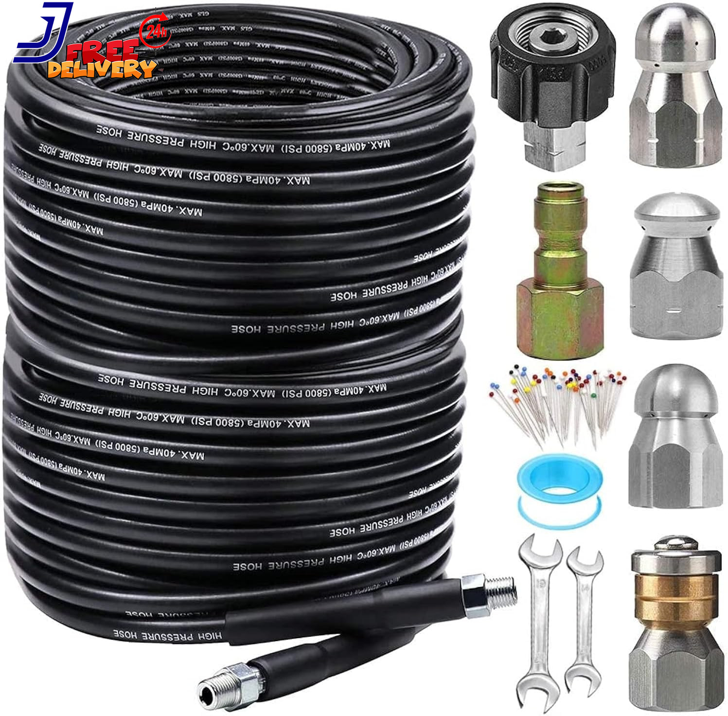 200FT Sewer Jetter Kit for Pressure Washer 5800PSI Drain Cleaner Hose 1/4 Inch