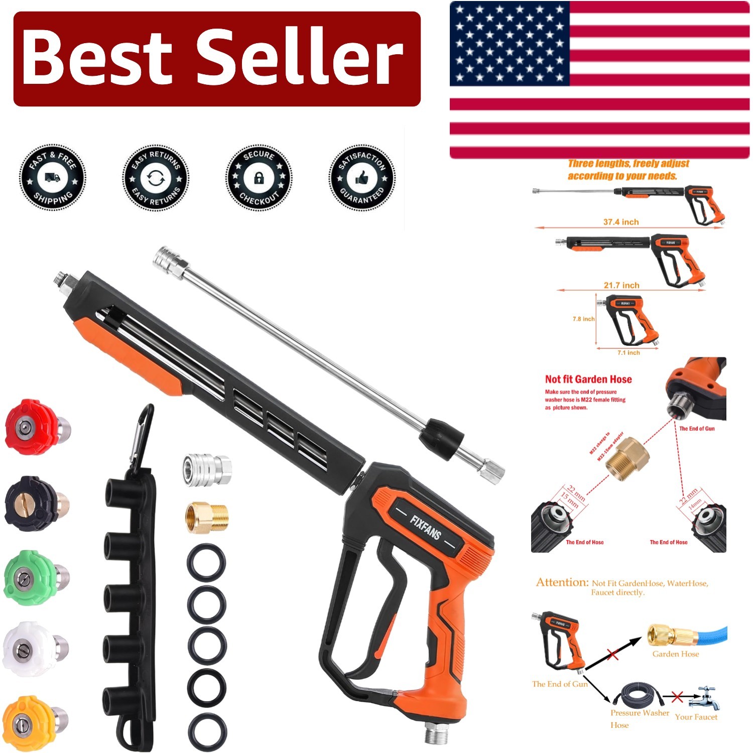 Stainless Steel Pressure Washer Gun with Versatile Nozzles and Wand Extension