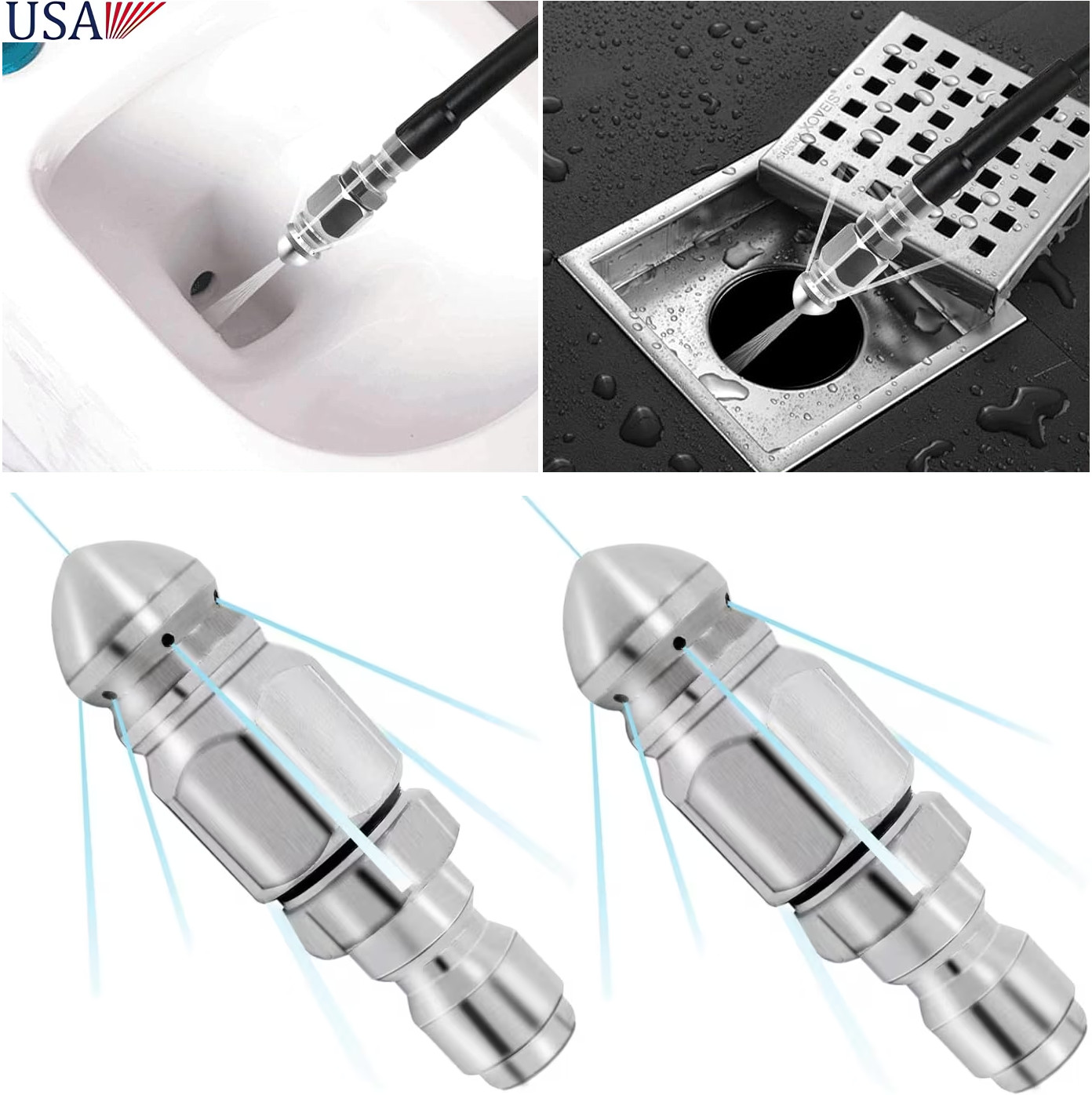 2× 1/4” Male Pressure Washer Drain Sewer Cleaning Pipe Jetter Rotating Nozzle