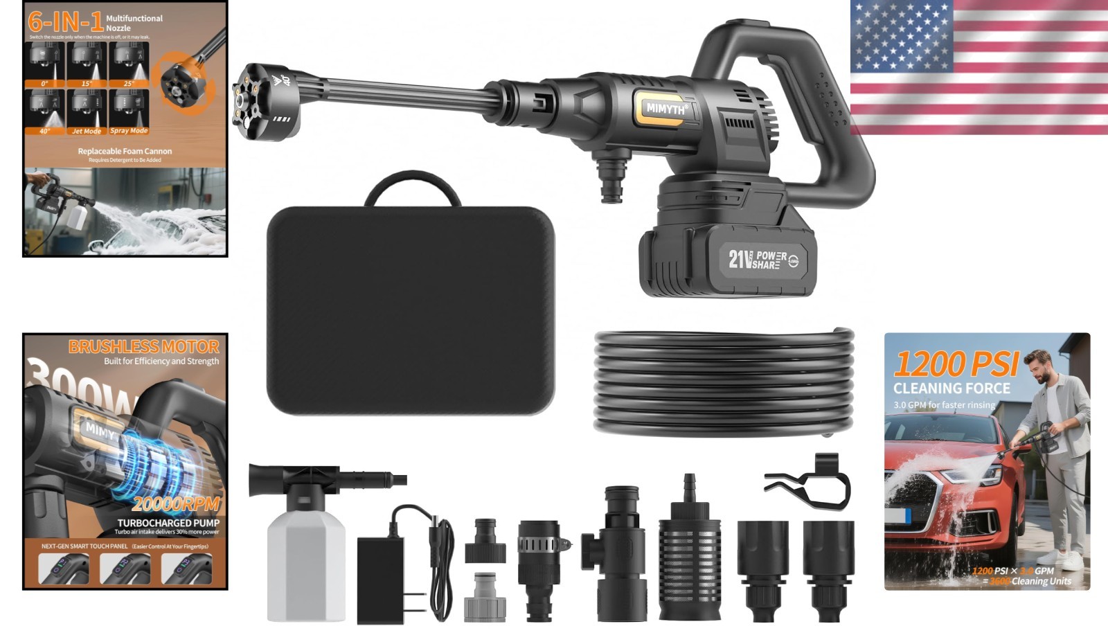 Cordless Portable Washer 1200 PSI Battery Operated with 23FT Hose Obsidian Black