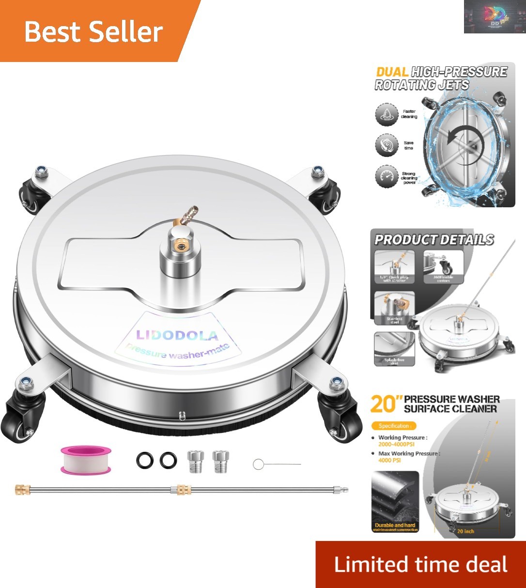 20” Stainless Steel Pressure Washer Surface Cleaner – Fast & Efficient Cleaning