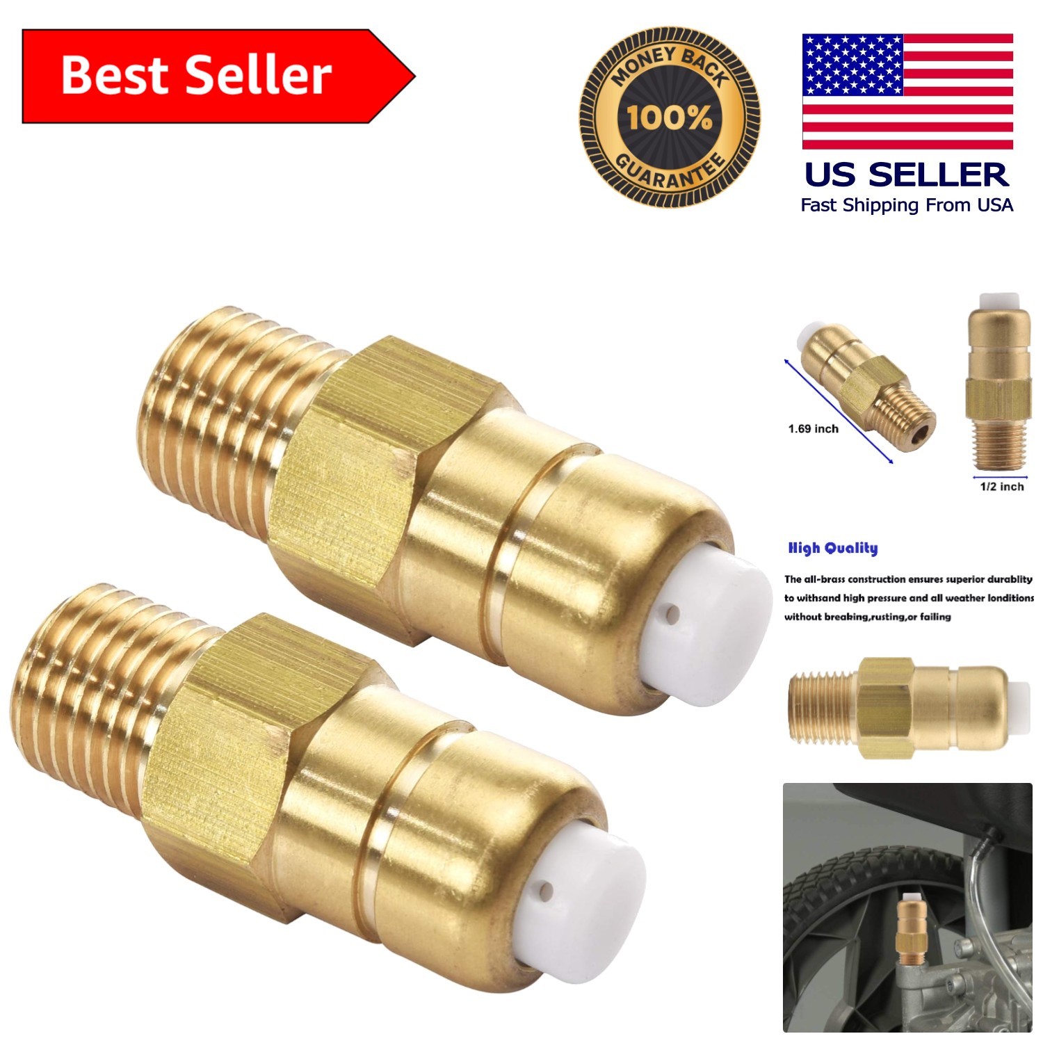 Brass Thermal Release Valve for Pressure Washer Pumps – 1/4 Inch NPT, 2 Pack