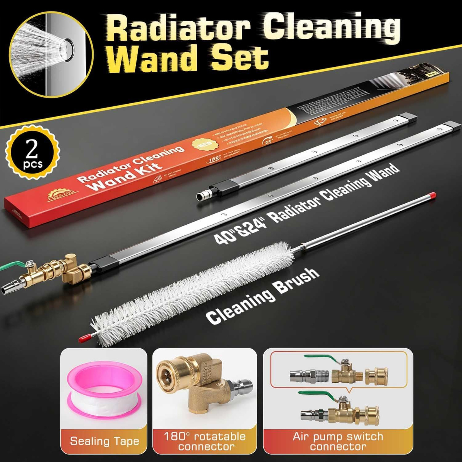 40 Inch and 24 Inch Radiator Cleaning Wand Set with Dual-Mode Nozzles 25 Degree