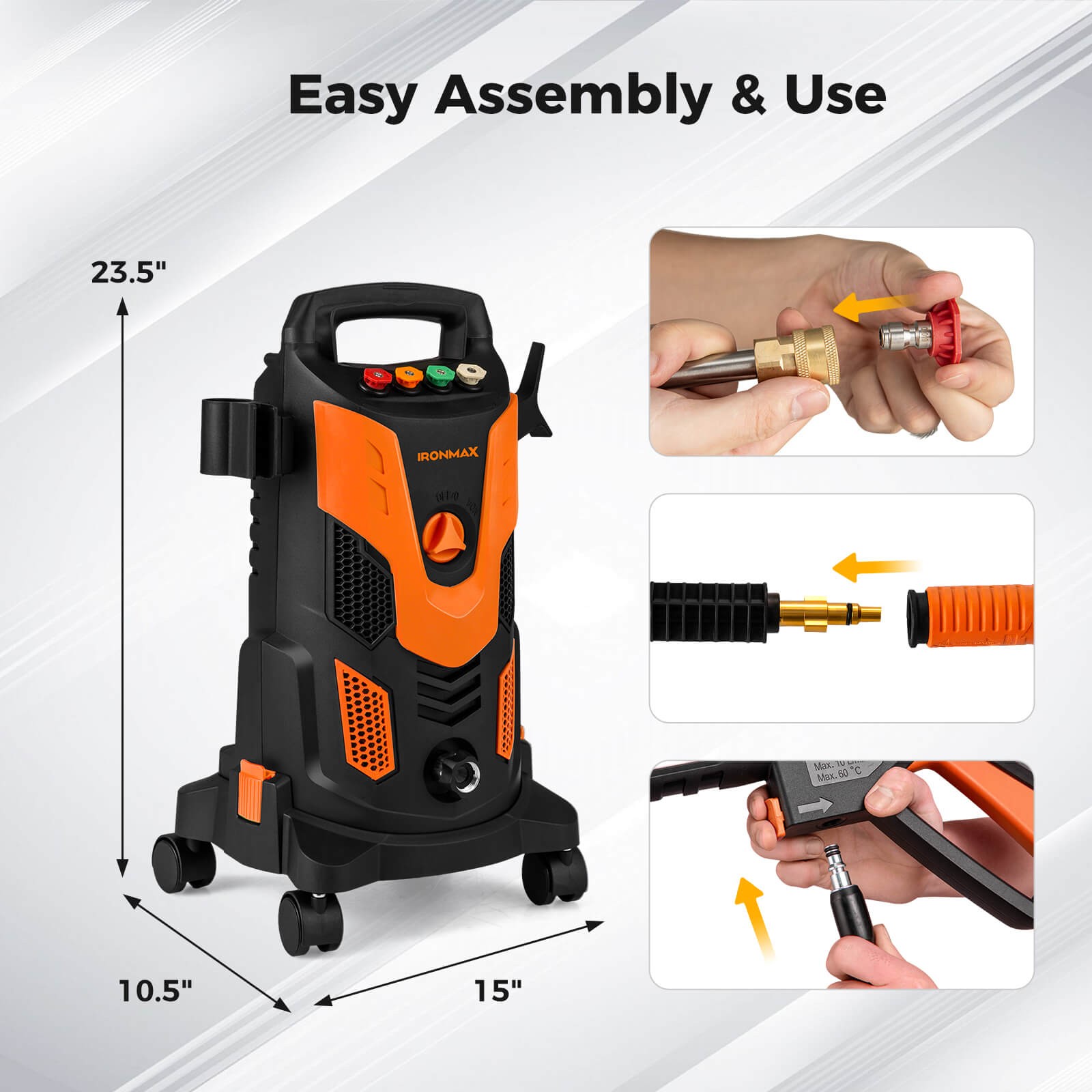 Electric Pressure Washer w/ 4 Nozzles & Soap Bottle Lockable Wheels for Cleaning