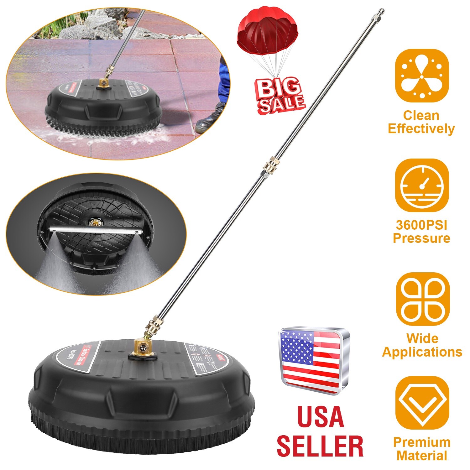 15″ Pressure Washer Surface Cleaner w/ 2 Extension Wands 1/4″ Connector 4000PSI