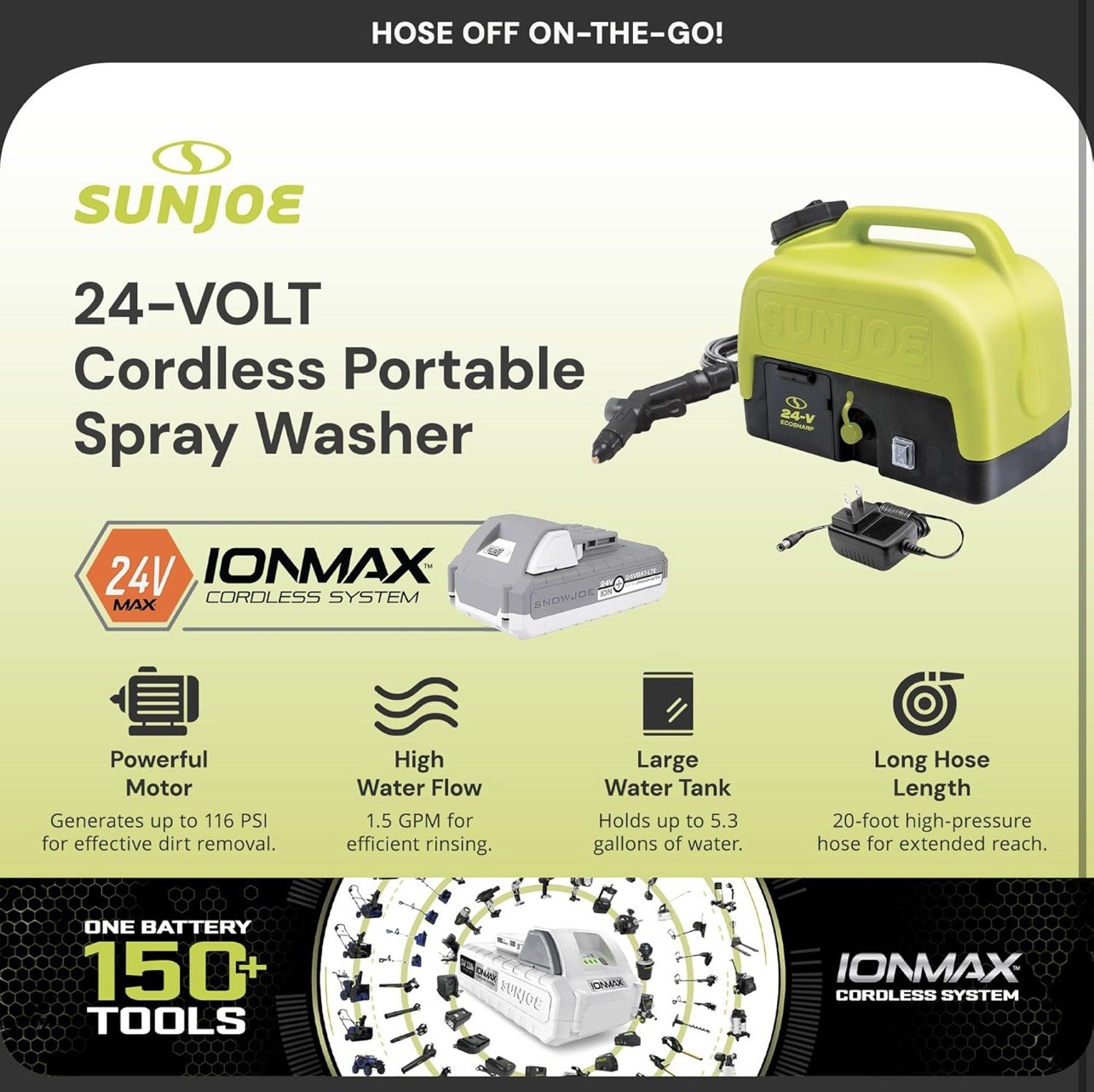 Sun Joe 24V IONMAX Cordless Sink/Shower Spray Washer Kit with Battery, WA24C-LTE