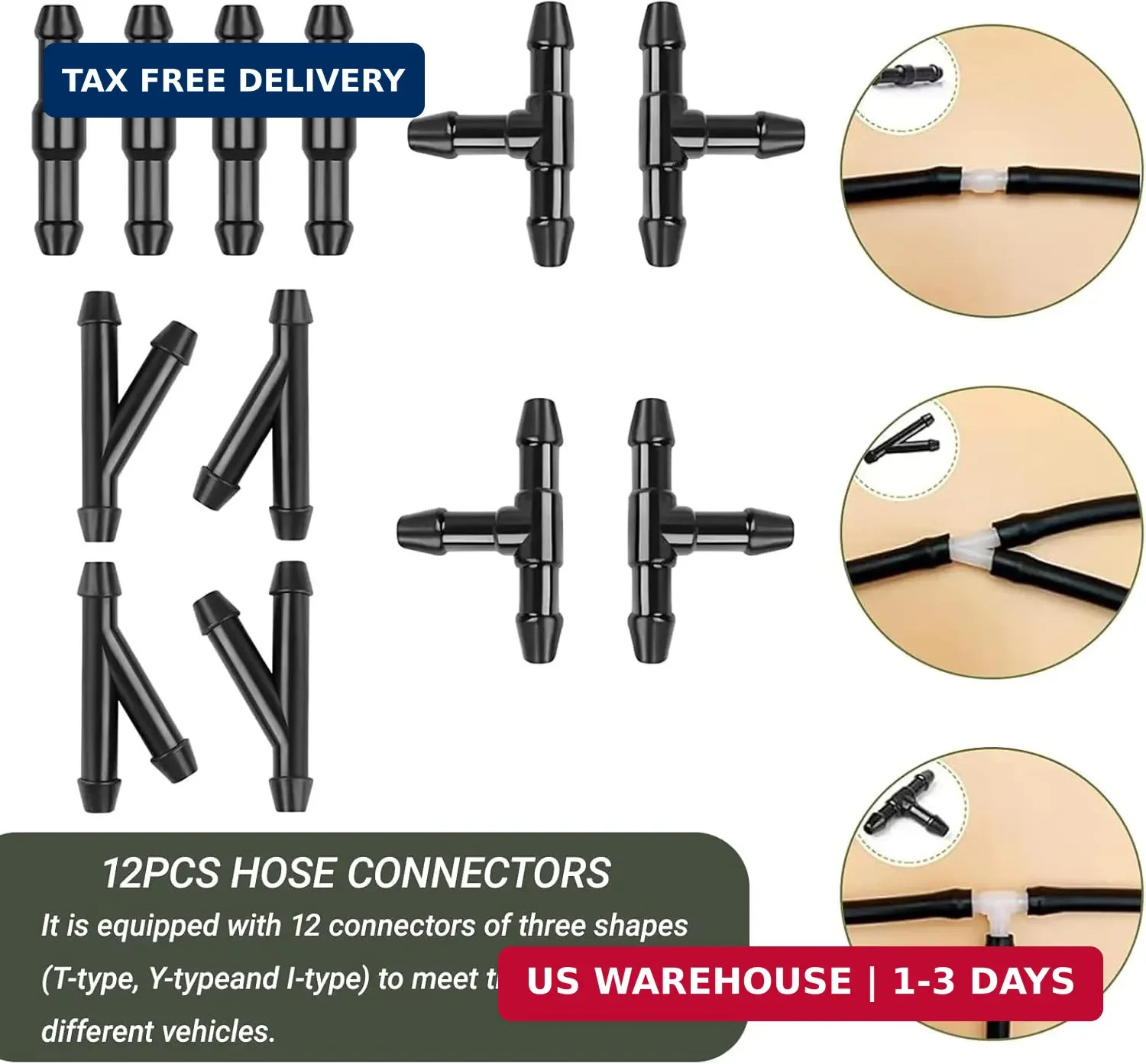 Windshield Washer Hose Kit, 5M Washer Fluid Hose with 12 Pcs Connectors, 2 Fan N
