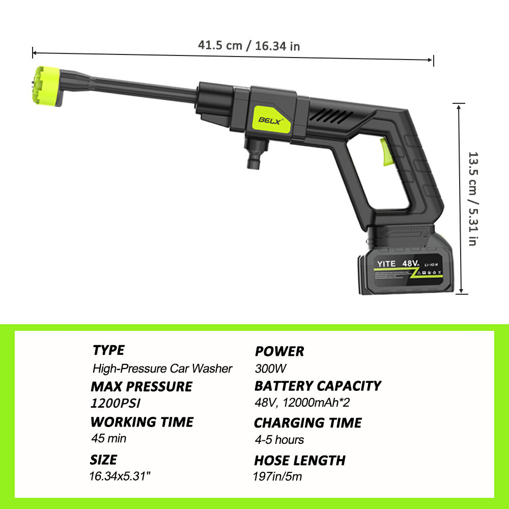 Lavadora de coches de 1200 PSI con batería de 4,0ah 2*12000mAh 6-en-1 Boquilla