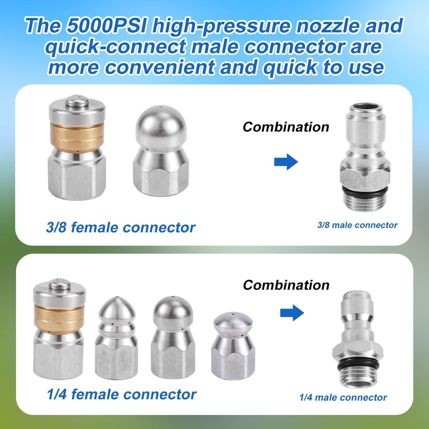 10pcs Sewer Jetter Nozzle with 1/4″” & 3/8″” NPT Quick Connectors, Stainless St
