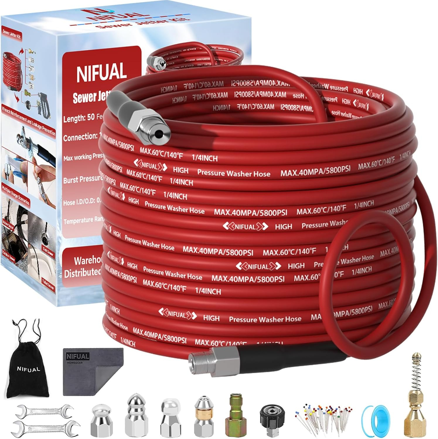 NIFUAL Sewer Jetter Kit for Pressure Washer,50Ft 5800PSI Pressure Drain Cleaner