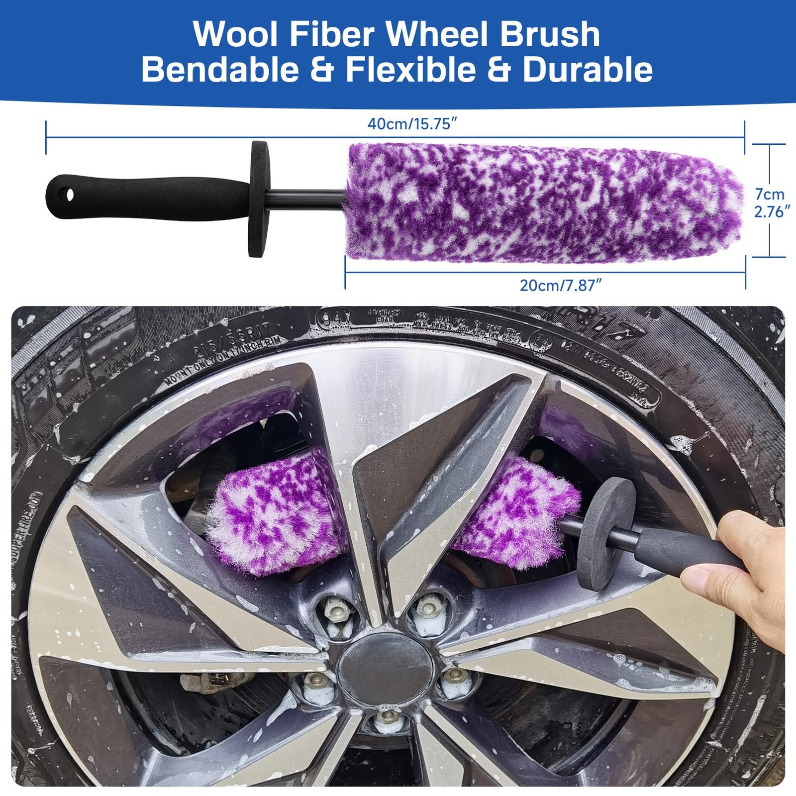 KLeXiC 4 Pack Wheel Tire Cleaning Brush Kit Cars L & M, Purple & White