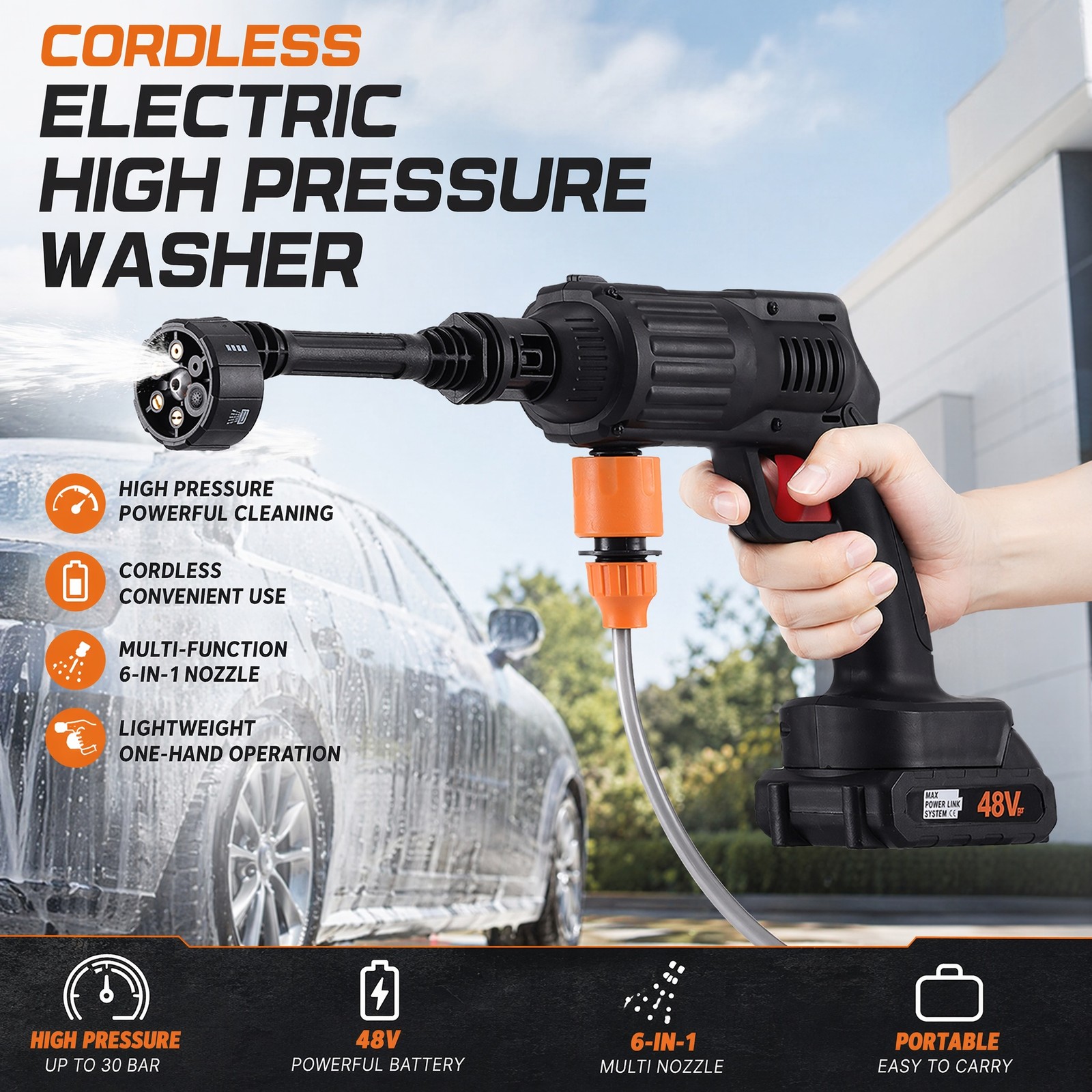 30 Bar Cordless Car Wash Gun 2 Lithium Batteries 6 in 1 Nozzle Foam Cannon Kit