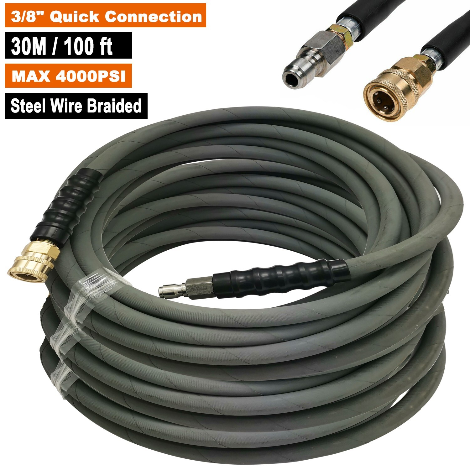 100ft Pressure Washer Hose 4000PSI Non-Marking 3/8″ Couplers Hot&Cold Water 275F