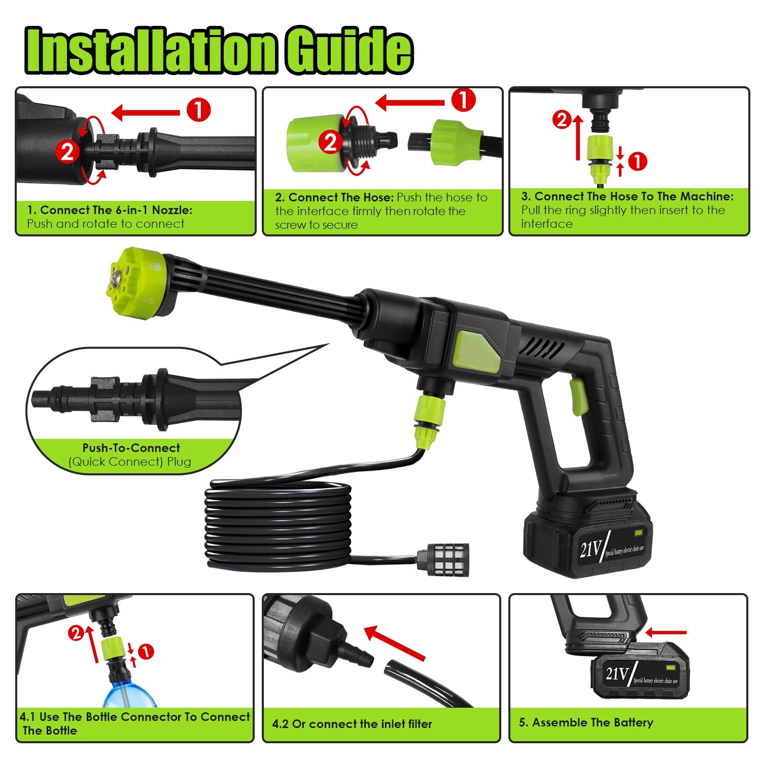High Pressure Water Sprayer 435PSI Power Car Washer Cleaner with 6-in-1 Nozzle