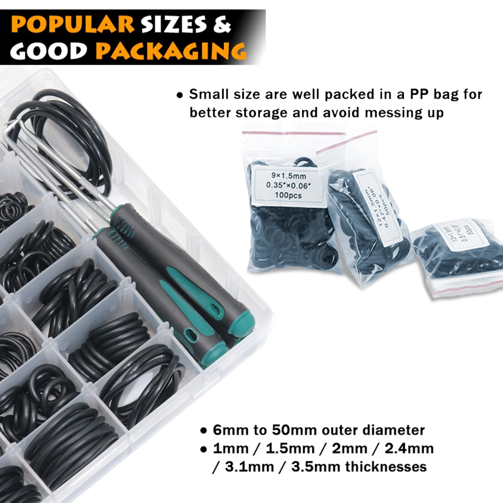 32 Size 1225Pcs Nitrile Rubber O-Ring Assortment Kit + 4 O-Ring Removers, Oil Re