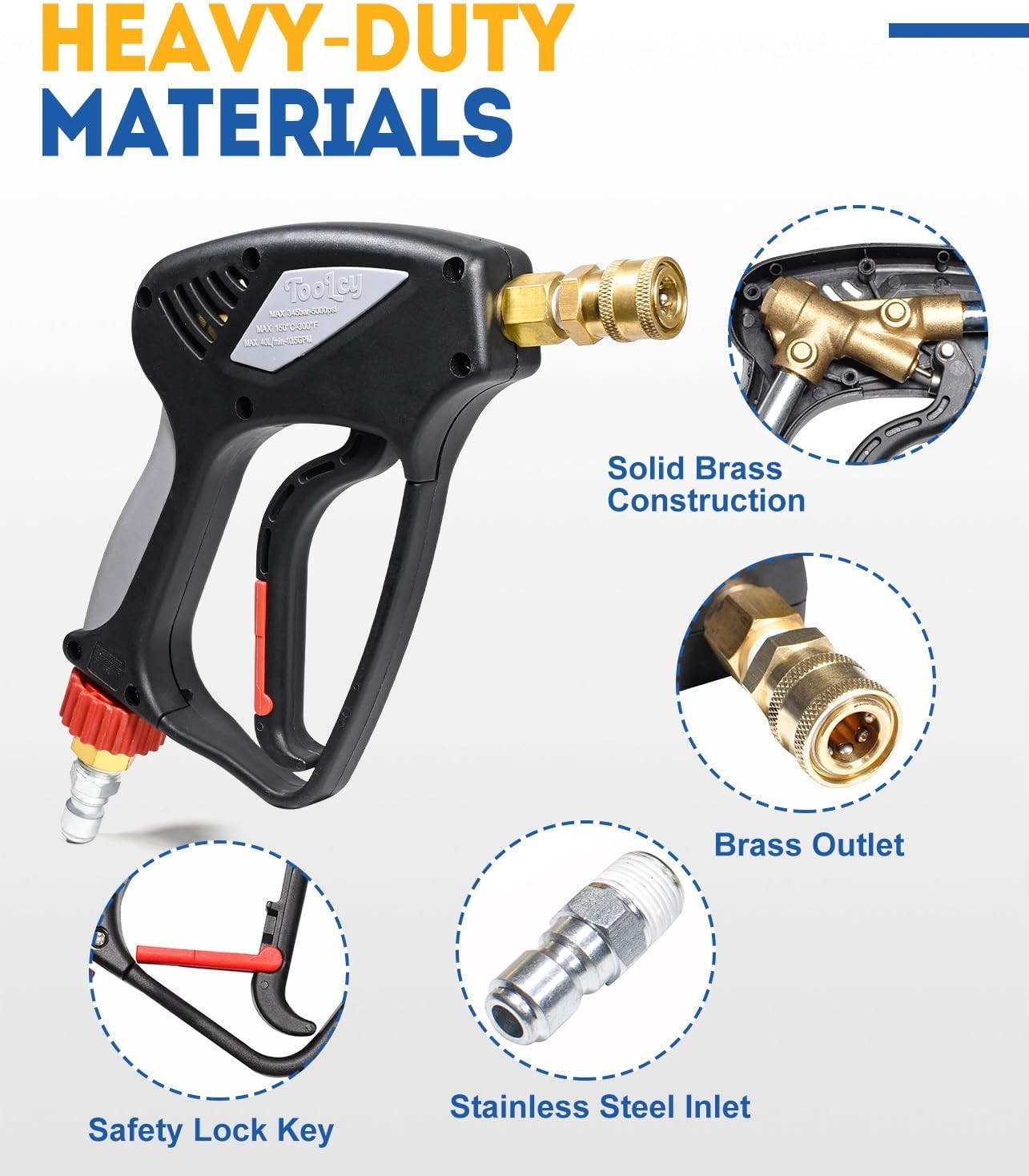 5000 PSI Pressure Washer Gun, Short with 3/8″ Swivel & M22-14mm Fitting