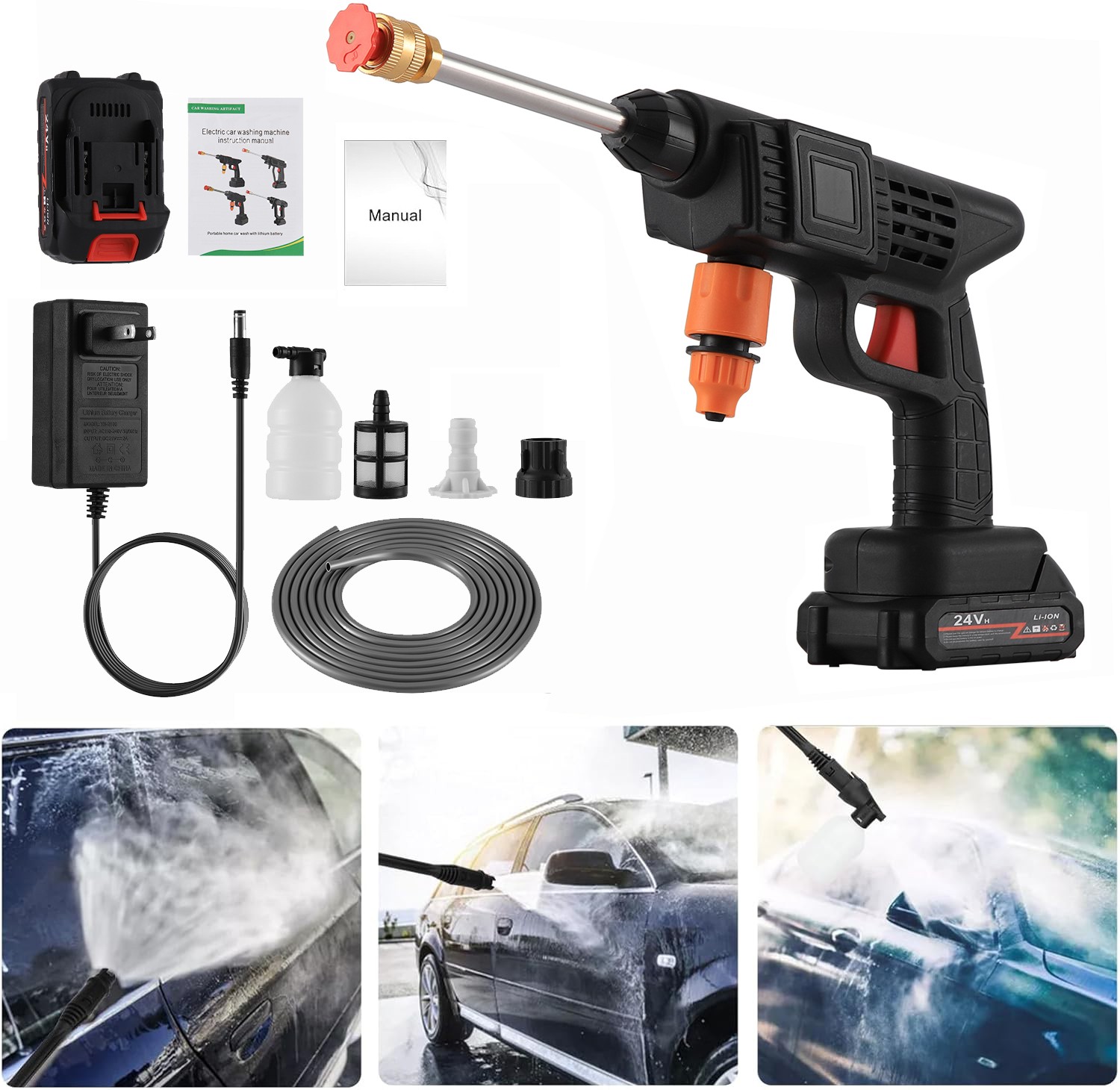260W 6Ah Car Cordless Pressure Washer Kit Electric High Pressure Water Spray Gun
