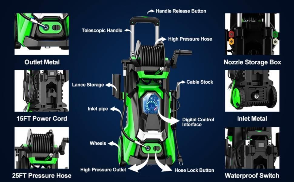 Portable 3800PSI Electric High Pressure Washer with Telescopic Handle for Cars