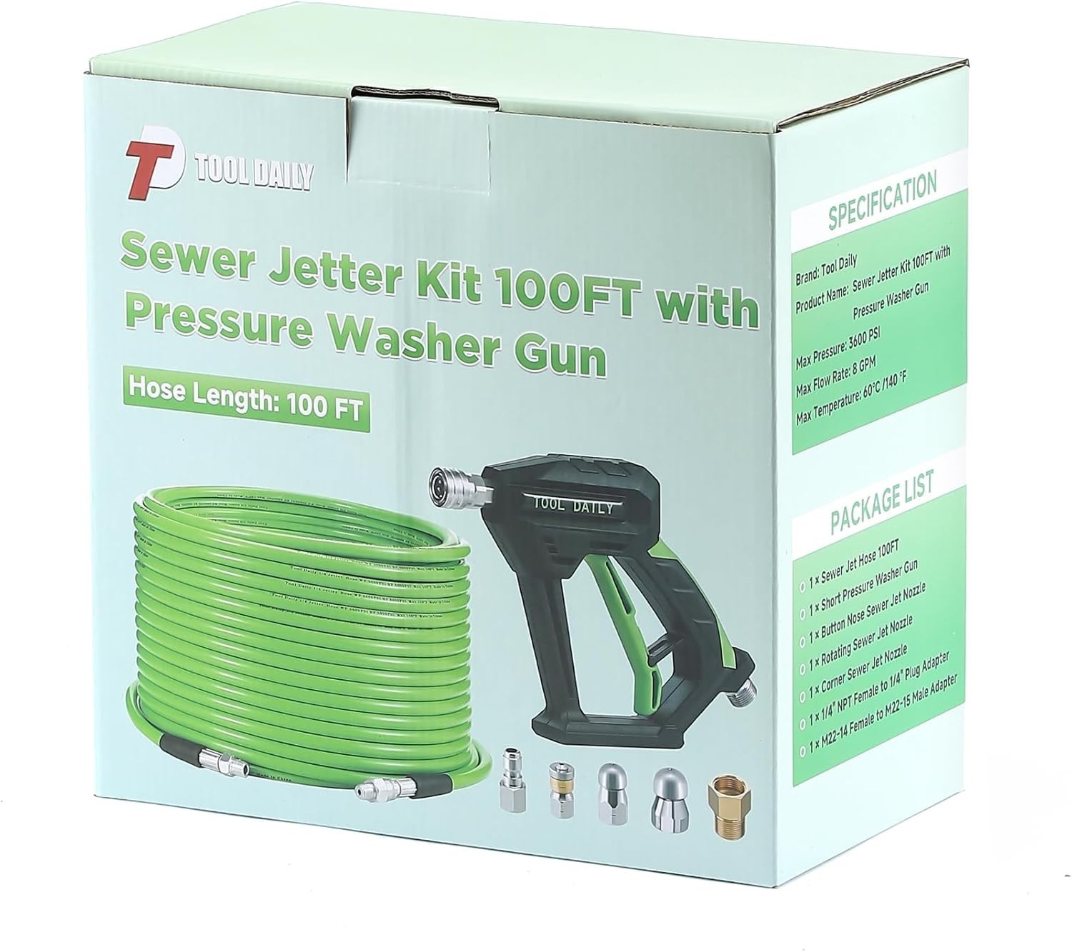 Professional Sewer Jetter Kit for Pressure Washer, 100 FT, 3600 PSI