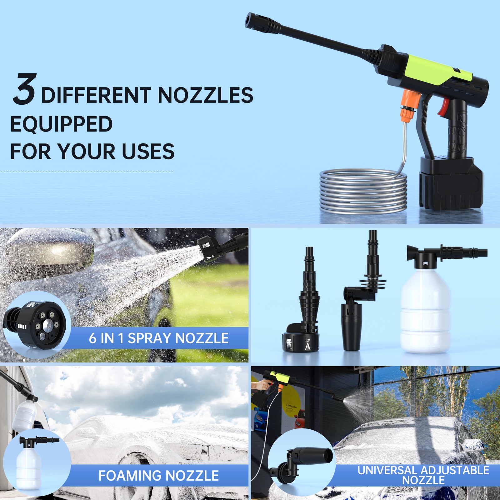 6in1 Cordless Electric High Pressure Water Spray Gun W/ 3 function levers