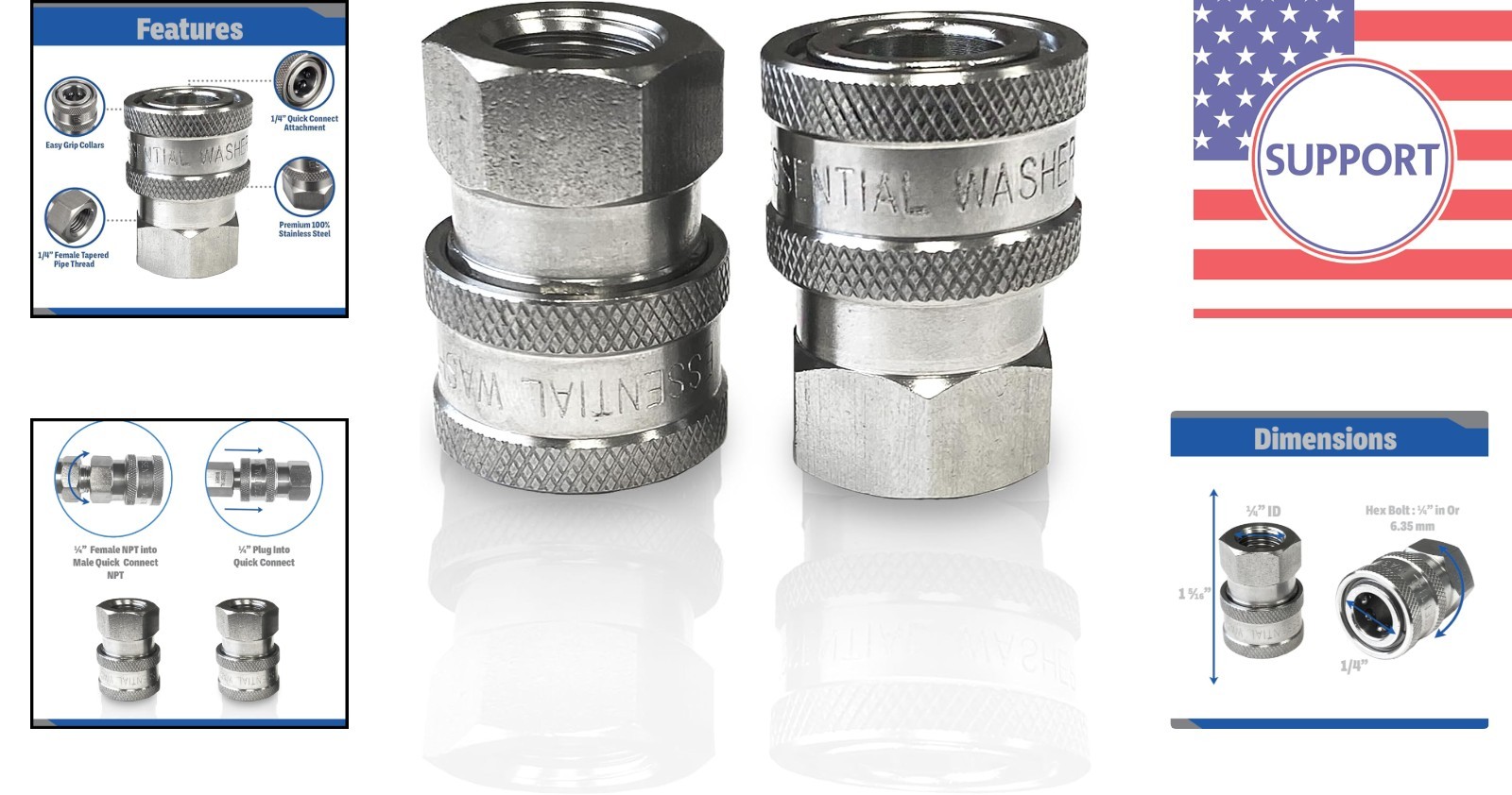 Twin Stainless Steel Quick Connect 1/4” Fittings, 5000 PSI for Pressure Washers