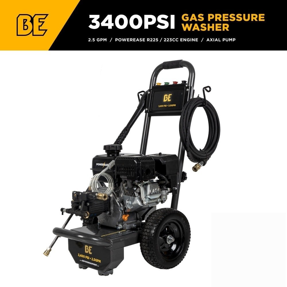 BE Gasoline Pressure Washer 3400 PSI Powerease R225, 223cc Axial Pump, Gun, Hose