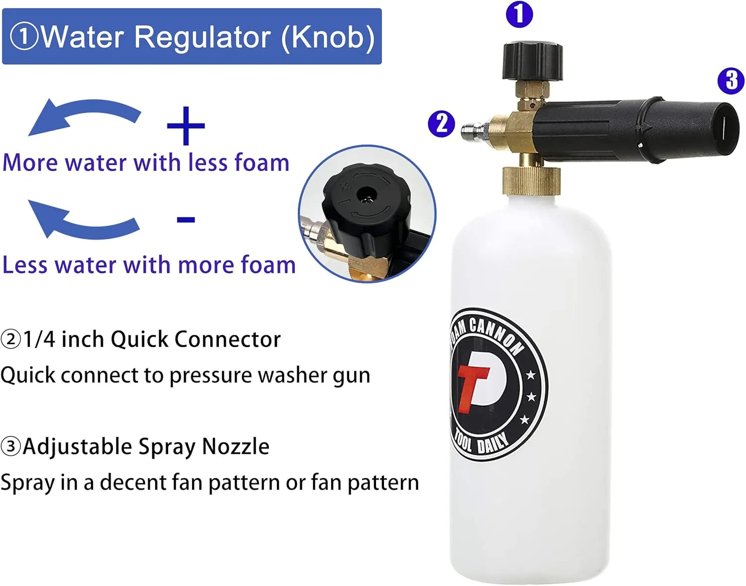 Foam Cannon 1 Liter Bottle With 1/4 Inch Quick Connector And 5 Pressure Nozzles