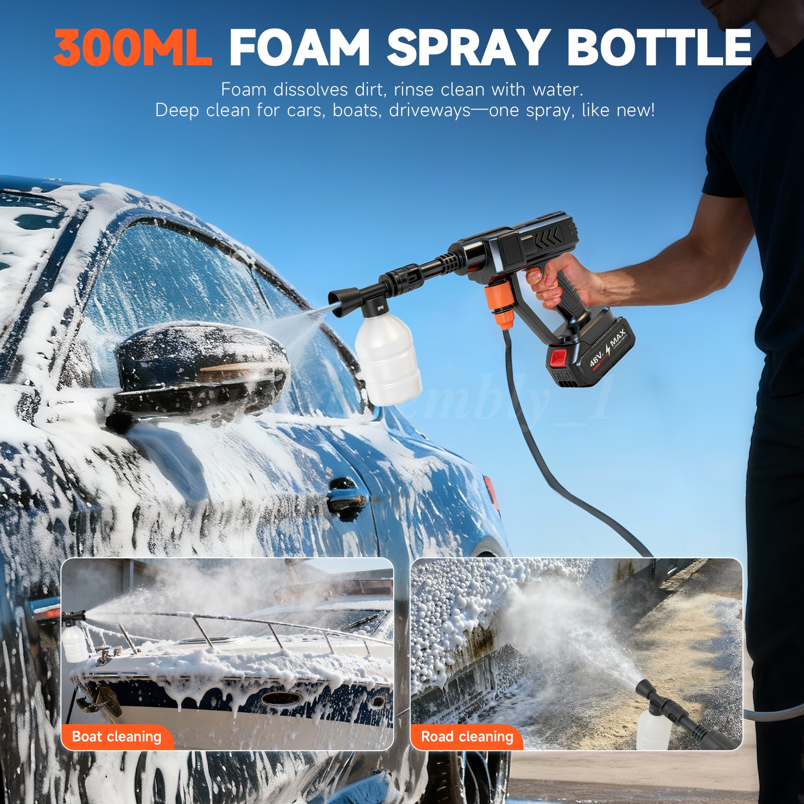 900PSI Cordless Pressure Washer Handheld Car Wash Gun 6-in-1 Nozzle 16.4FT Hose