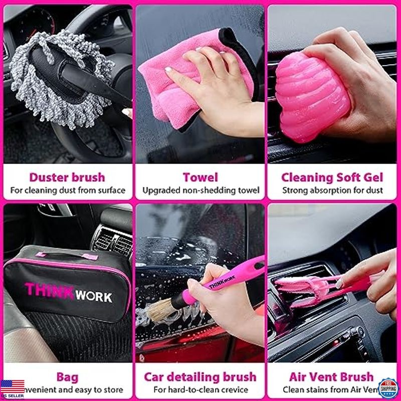Car Detailing Kit with Cordless Vacuum, Interior Cleaner & Brushes, Pink