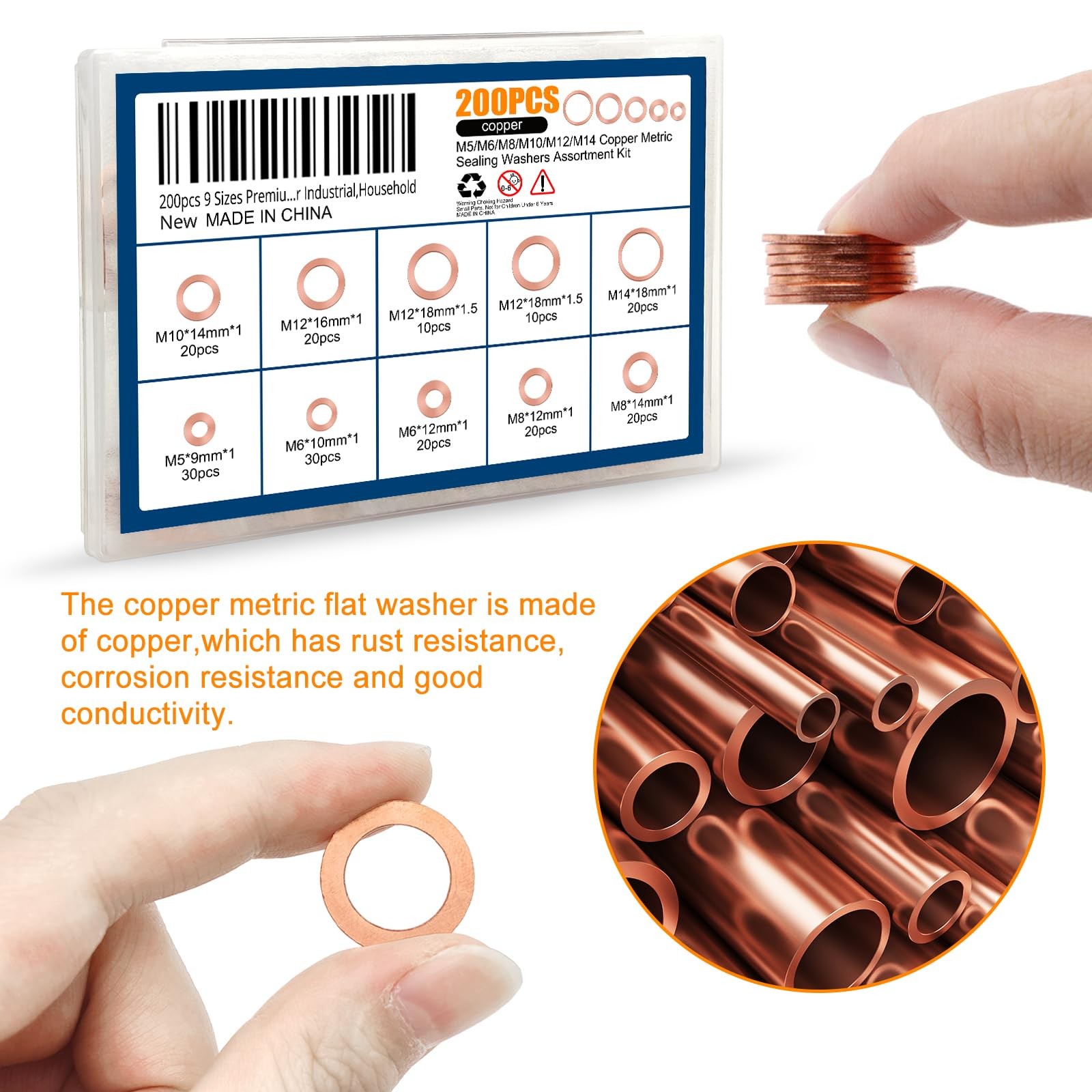 200 Pcs 9 Sizes Copper Metric Sealing Crush Washers Assortment Kit for Most Cars