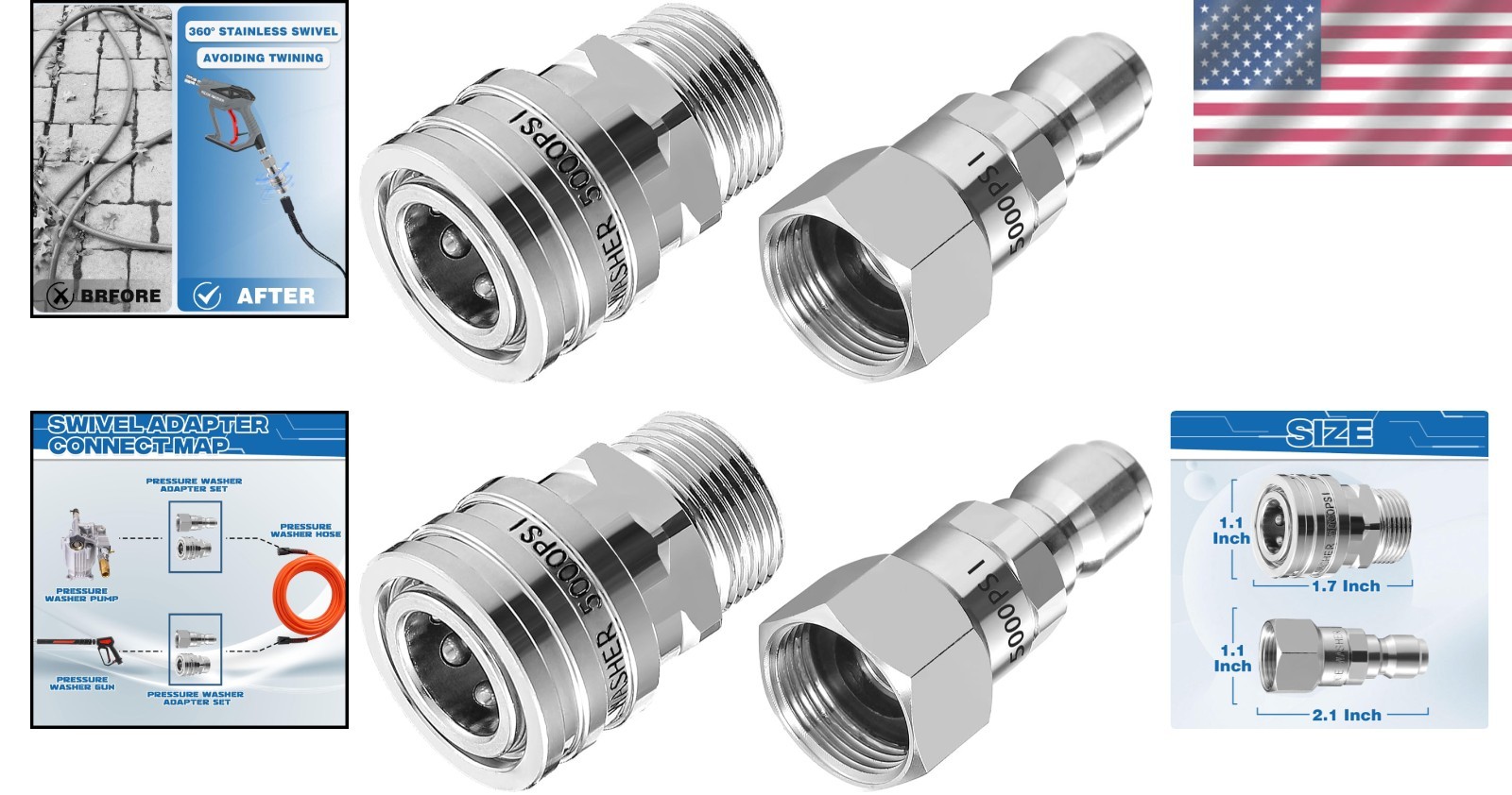 Comprehensive 4 Pack M22 14mm Quick Connect Stainless Steel Pressure Adapters