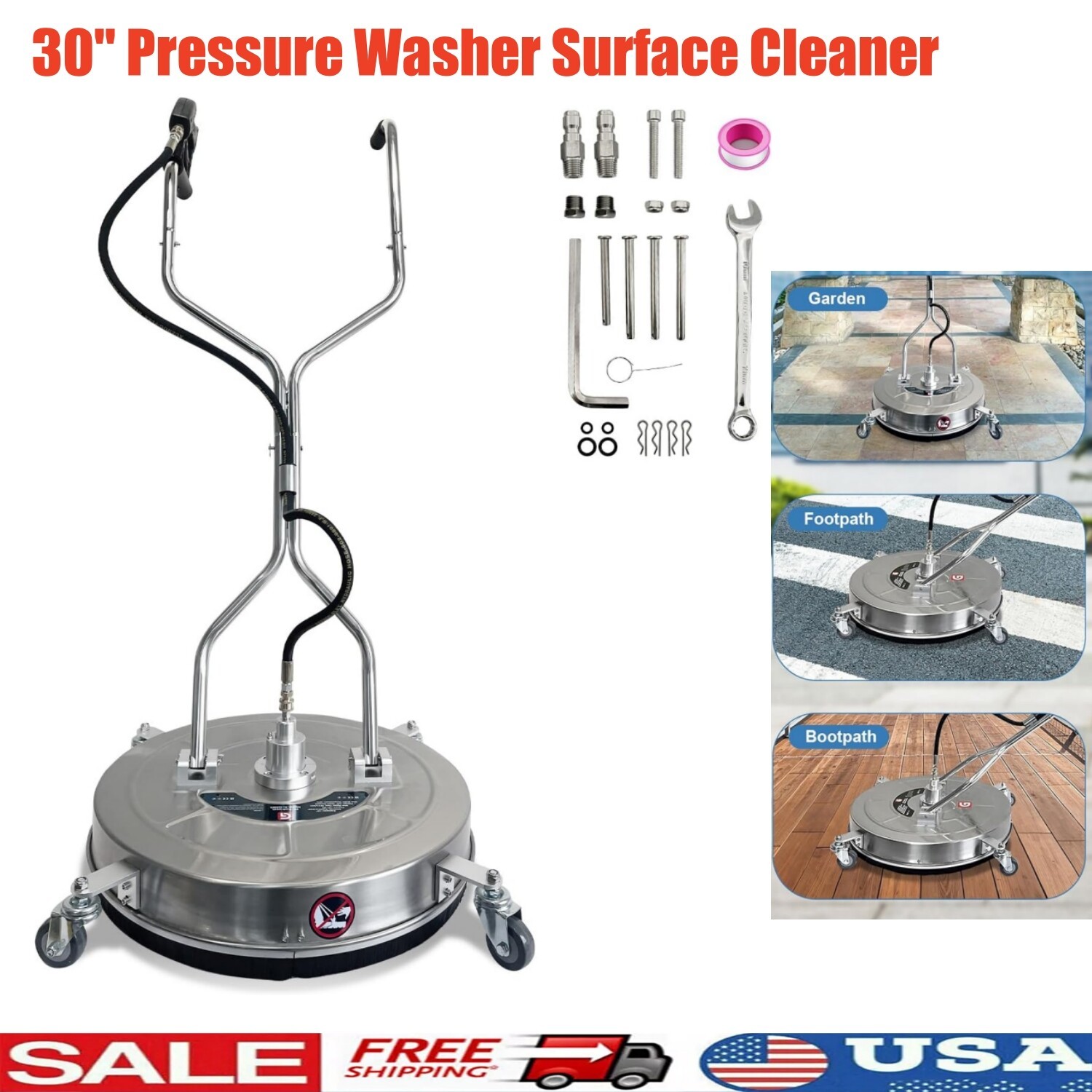 30″ Pressure Washer Surface Cleaner Dual Handle Power Washer with Wheel 5200 PSI