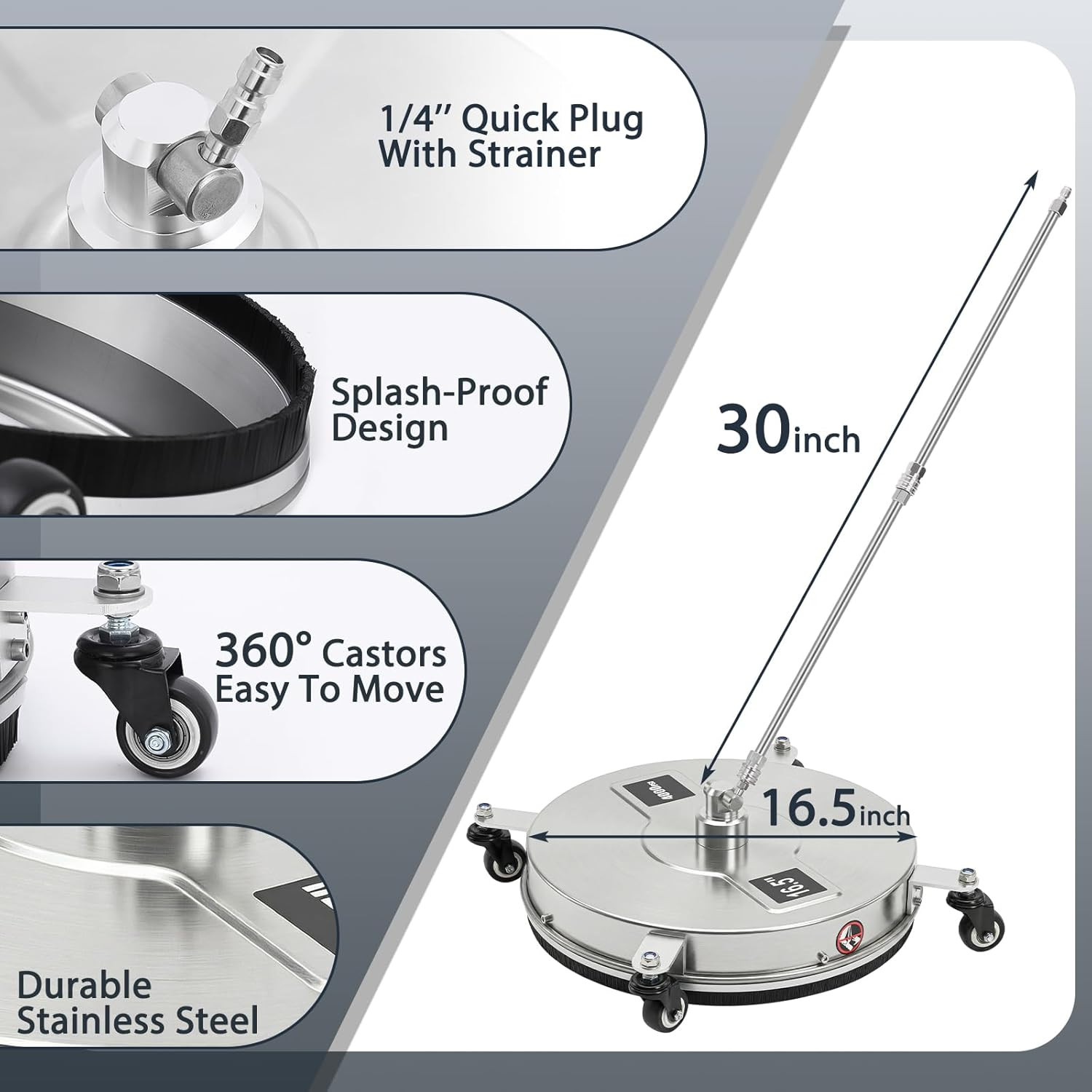 16.5″ Pressure Washer Surface Cleaner, 4-Wheel Stainless Steel Rotary Attachment