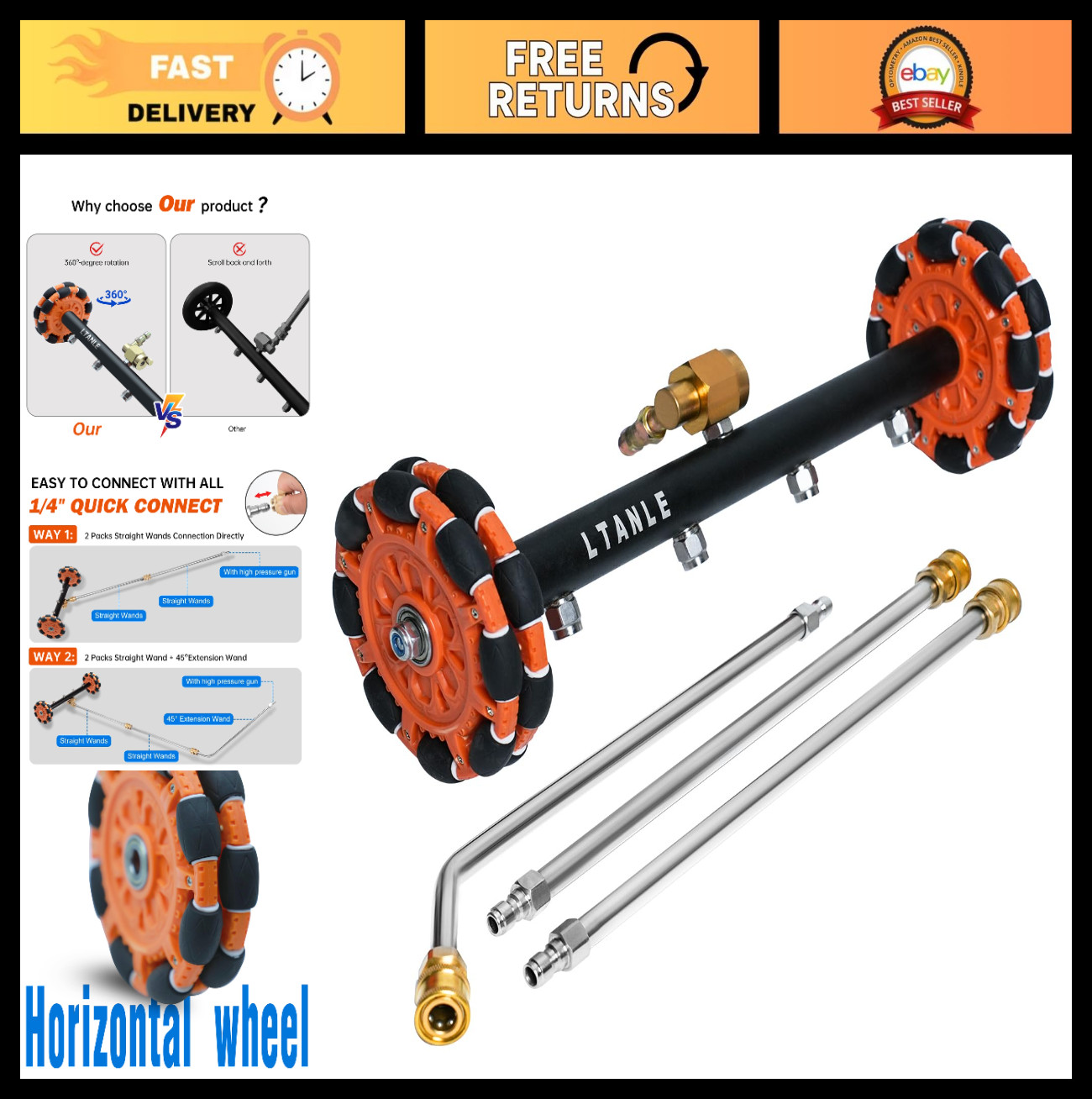 2-in-1 Horizontal Pressure Washer Undercarriage Cleaner, 15″ Water Broom & Surfa