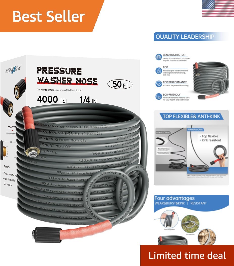 50FT Kink Resistant Pressure Washer Hose Compatible with M22 Fittings, 4000 PSI