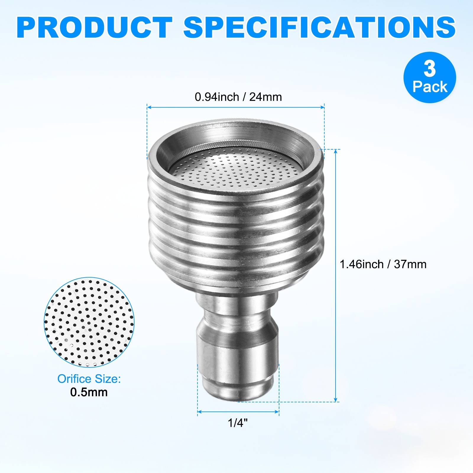 3-Pack Pressure Washer Nozzle Tips for Soft Wash, 0.5mm Soft Rain Head