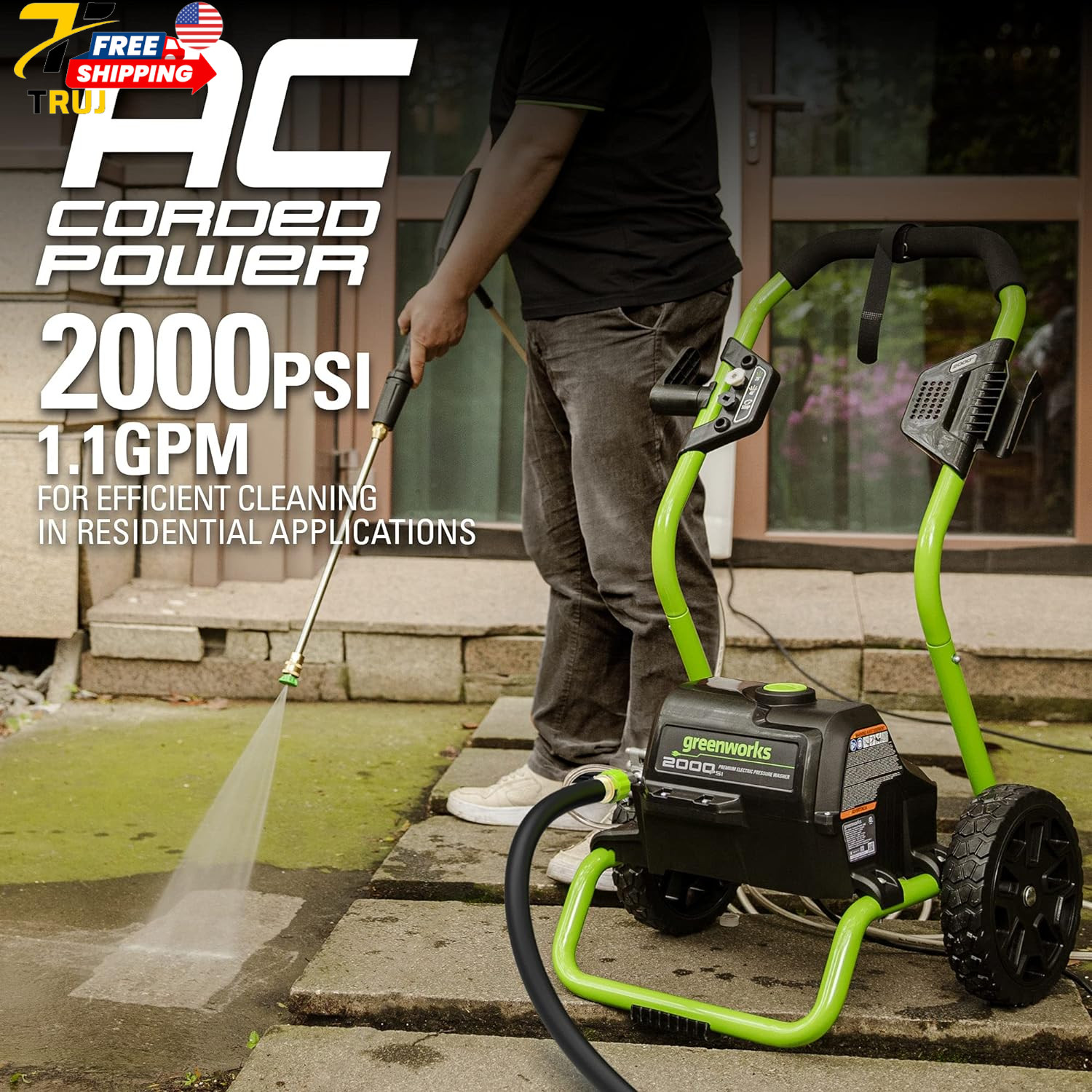 Greenworks 2000 PSI (13 Amp) Electric Pressure Washer (Wheels For Transport / 20